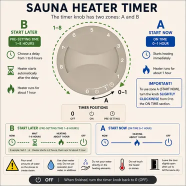 The sauna timer knob: the 0–1 zone starts it heating now, the 1–8 zone delays the start by that many hours.